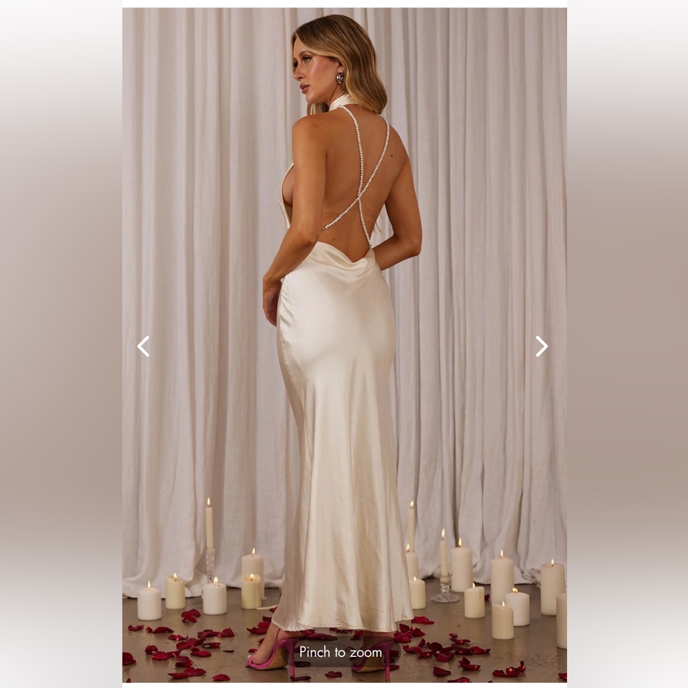Selfie Leslie Ivory Satin Backless Slip Dress with Crystal Straps